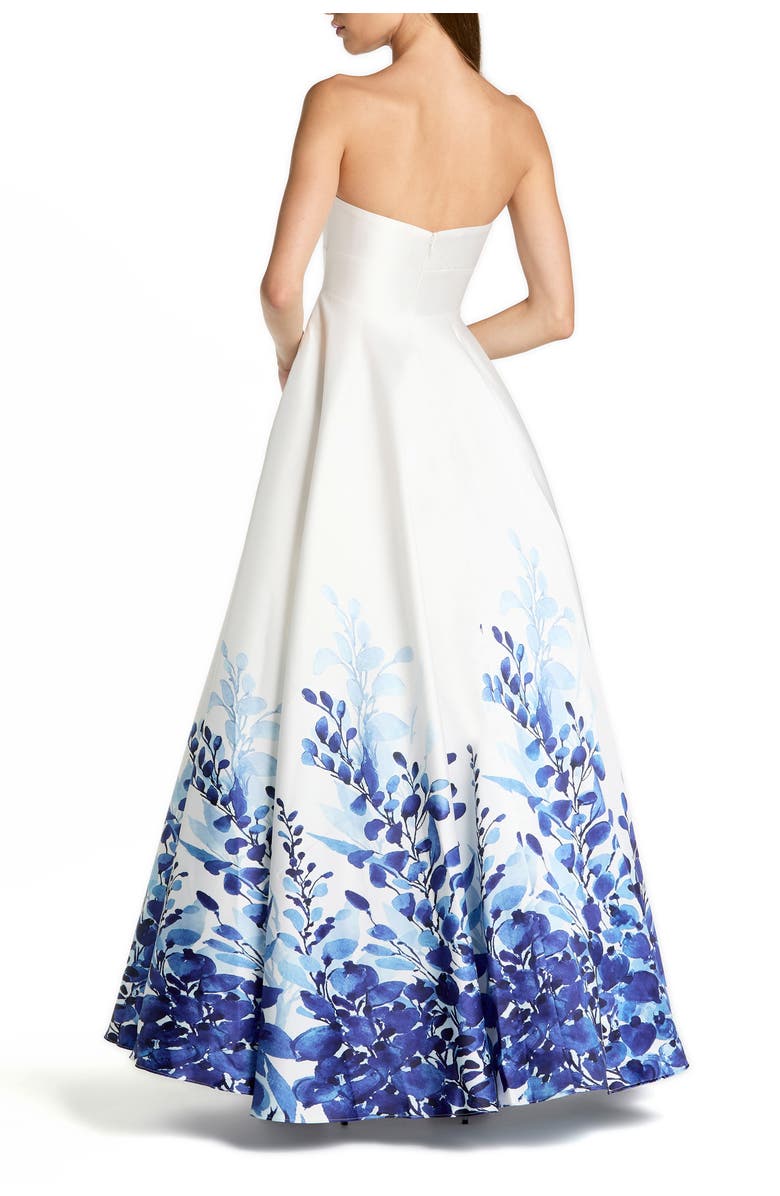 Mac Duggal Strapless Floral Printed Mikado Ball Gown, Alternate, color, White Multi