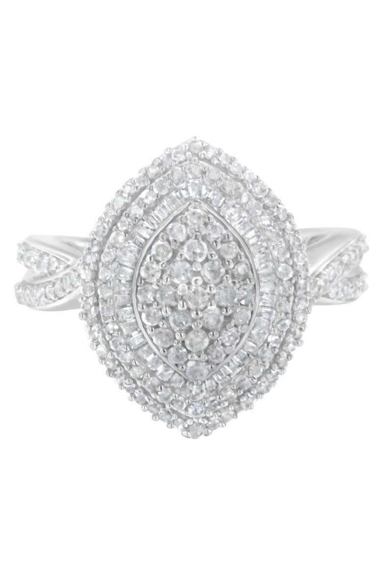 Sterling Silver 1.00 cttw Round and Baguette Diamond Marquise Cluster Triple Halo Ring, Alternate, color, Silver