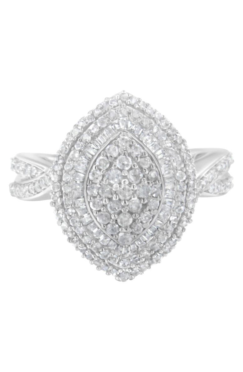 Haus of Brilliance Sterling Silver 1.00 cttw Round and Baguette Diamond Marquise Cluster Triple Halo Ring, Alternate, color, Silver