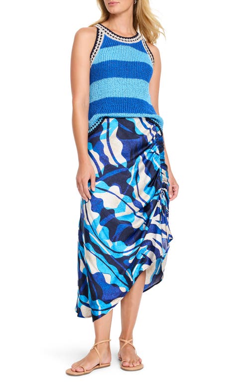 Nic + Zoe Nic+zoe Aqua Surf Asymmetric Side Ruched Skirt In Blue Multi
