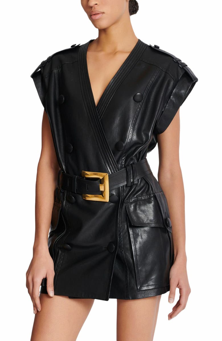 Balmain Lambskin Leather Short Belted Dress, Alternate, color, Black
