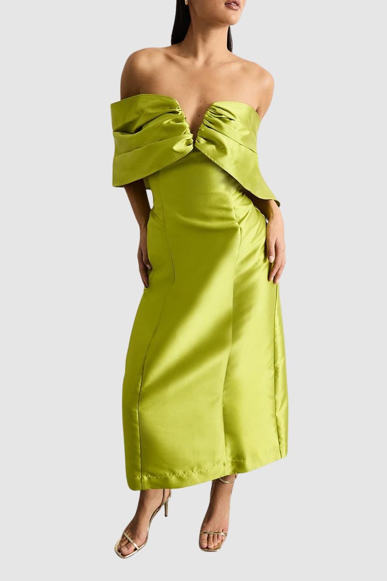 Petite Satin Twill Bardot Midi Dress, Alternate, color, Chartreuse