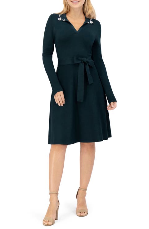 Embellished Collar Long Sleeve Sweater Dress