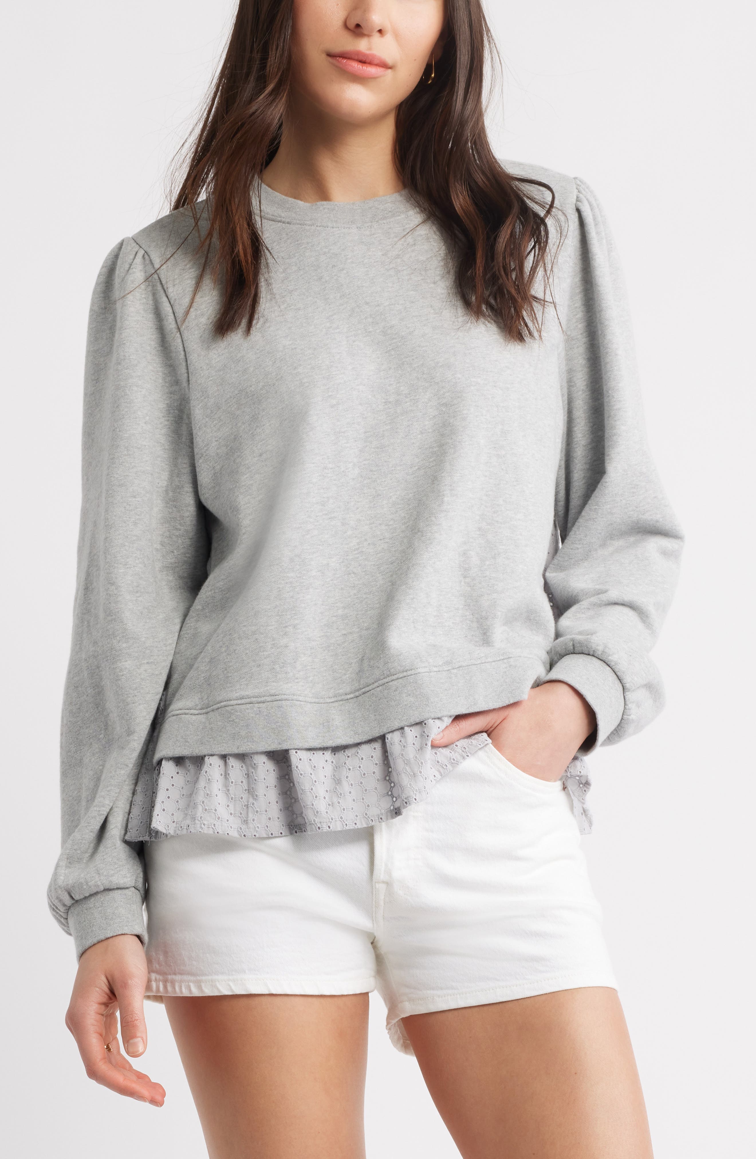 Caslon® Puff Shoulder Mixed Media Sweatshirt