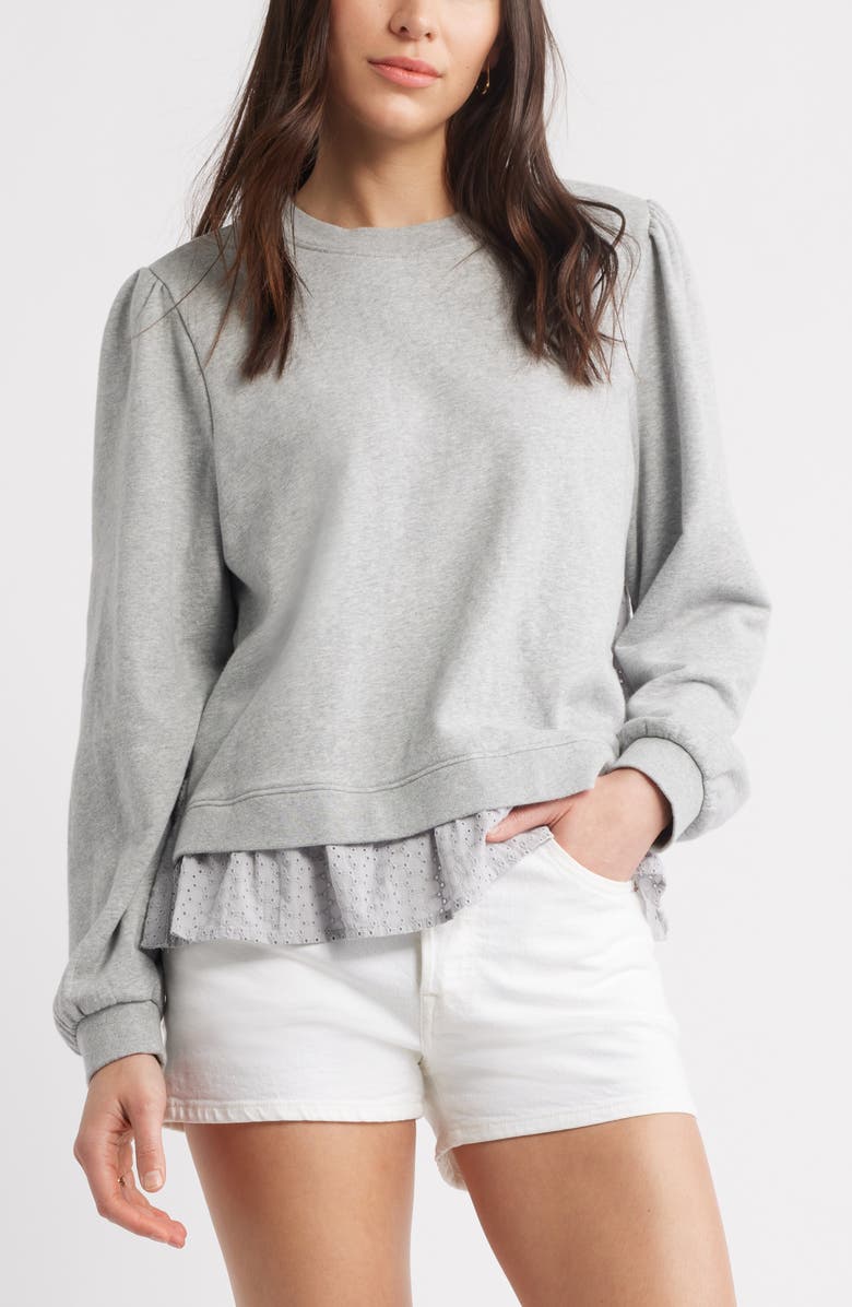 Caslon<sup>®</sup> Puff Shoulder Mixed Media Sweatshirt, Main, color, Grey Heather