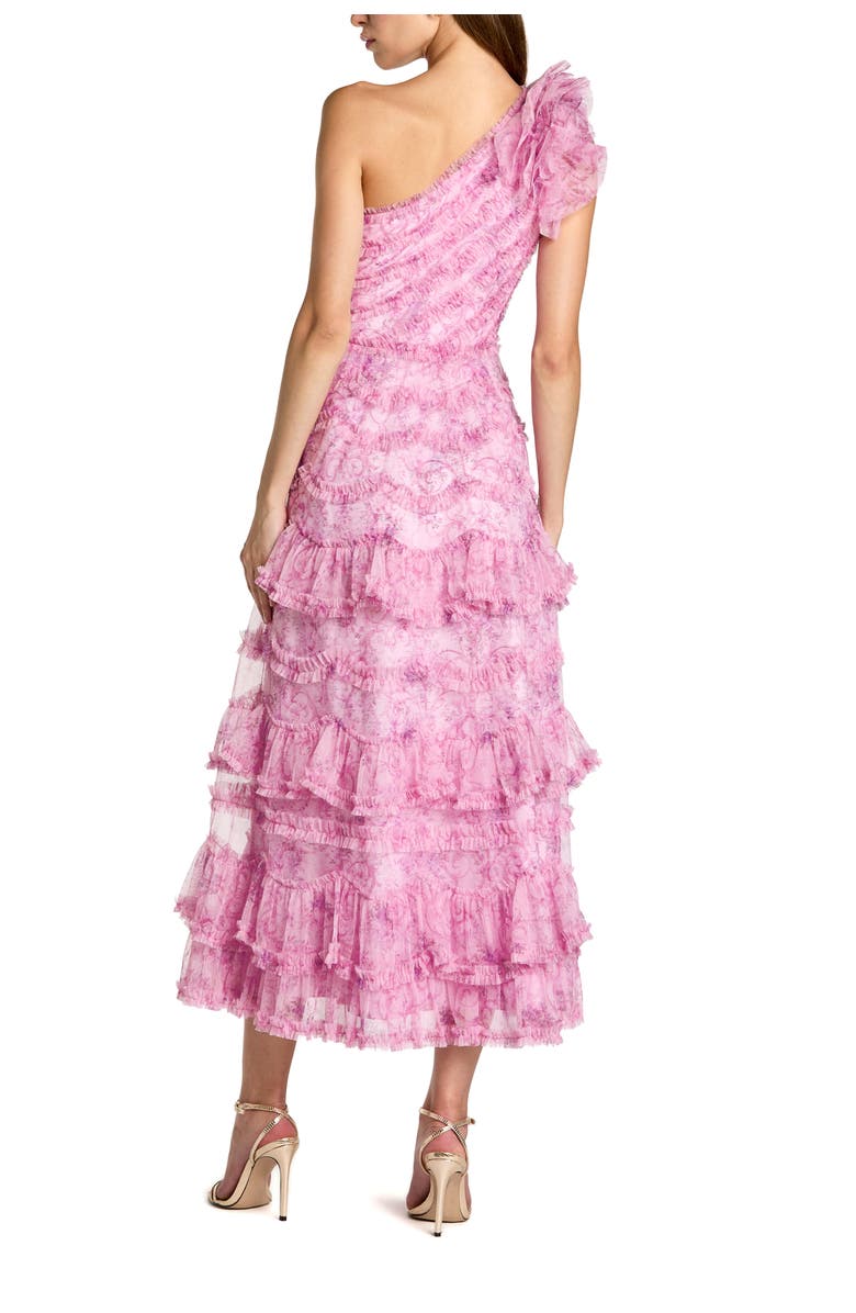 Mac Duggal Printed One Shoulder Ruffled A Line Midi Dress, Alternate, color, Pastel Multi