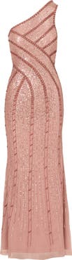 Adrianna Papell Beaded One-Shoulder Mesh Gown