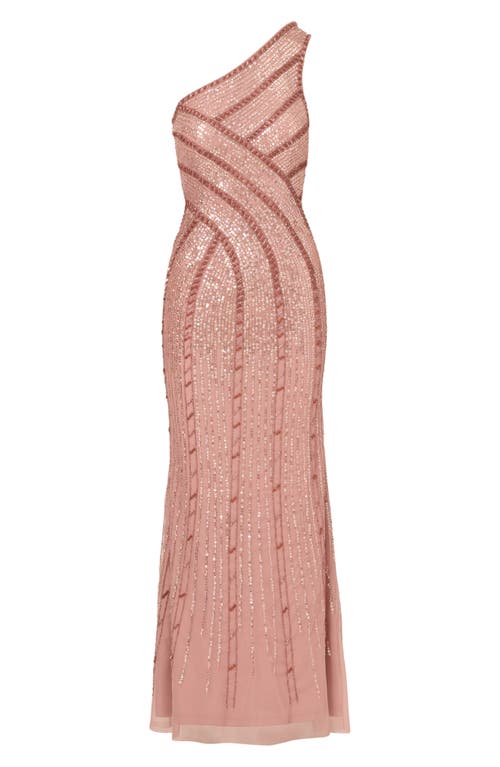 Adrianna Papell Beaded One-shoulder Mesh Gown In Pink
