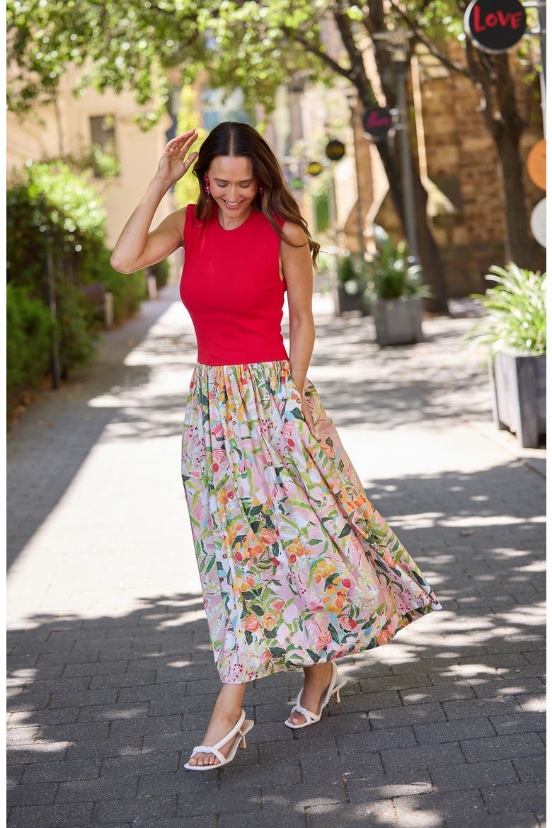 Daphne Floral Mixed Media Midi Dress, Alternate, color, ZOES GARDEN W RED