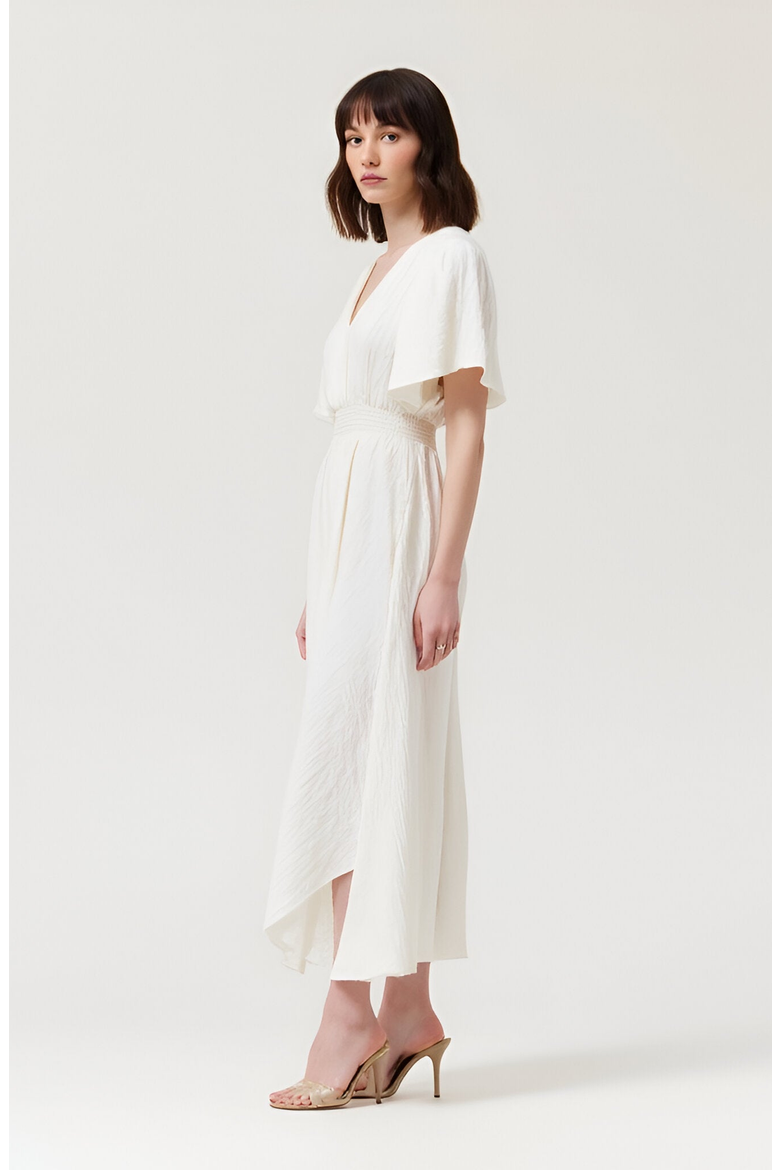 V-Neck Midi Dress with Flutter Sleeves and Handkerchief Hem, Alternate, color, White