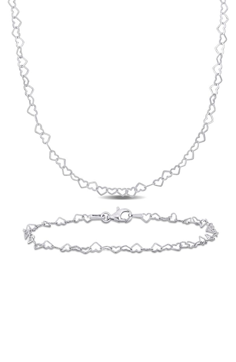 DELMAR 3mm Heart Link Chain Necklace & Anklet Set, Main, color, Silver