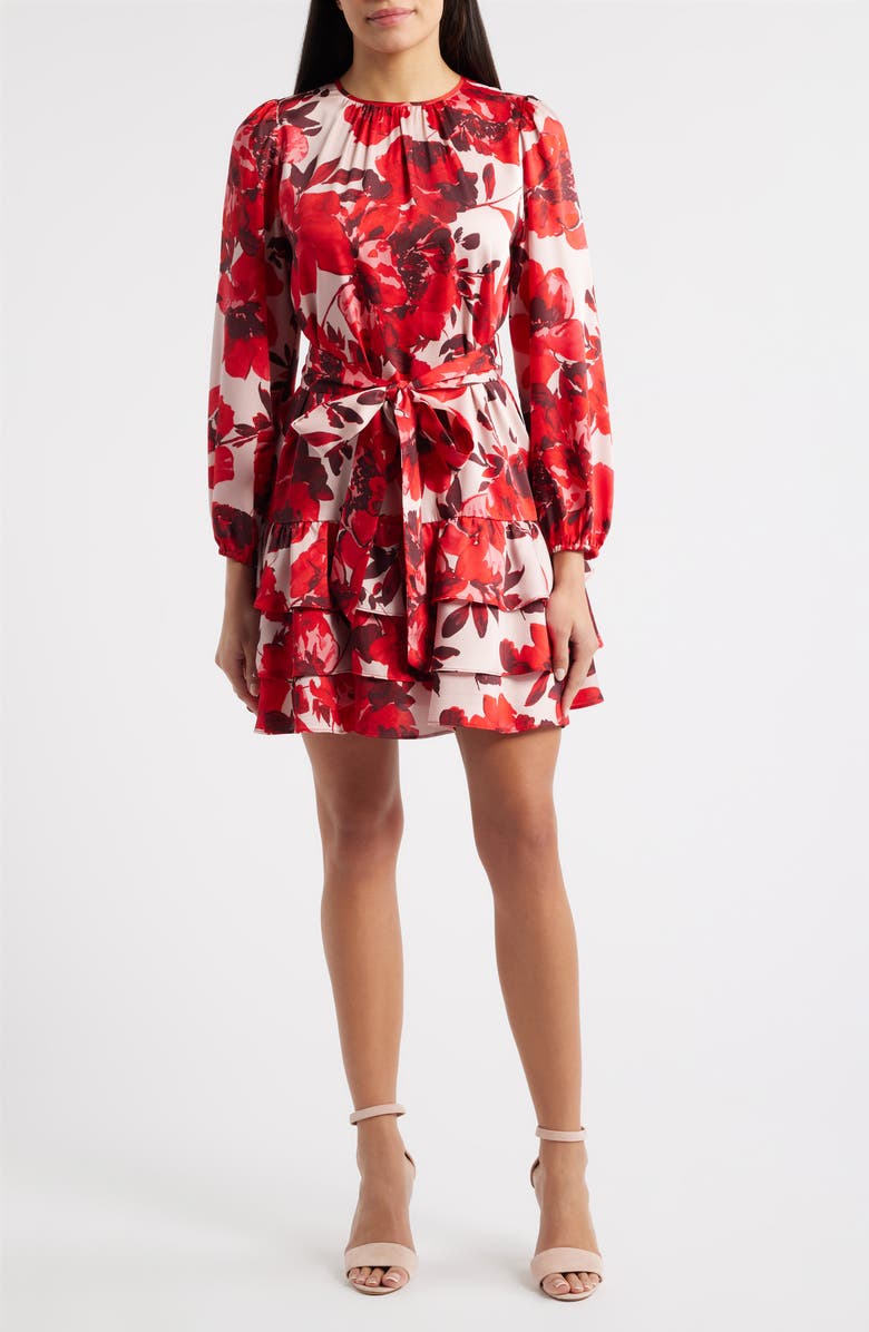 Anne Klein Floral Tiered Tie Waist Dress, Main, color, Rose Mist Multi