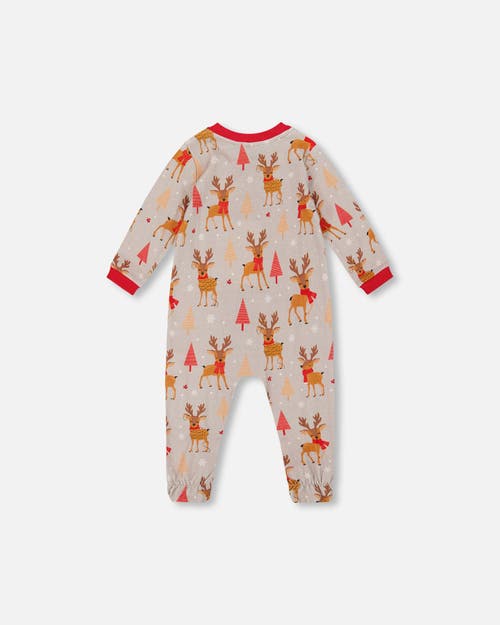 Deux Par Deux One-piece Organic Cotton Pajama Reindeer In Sand