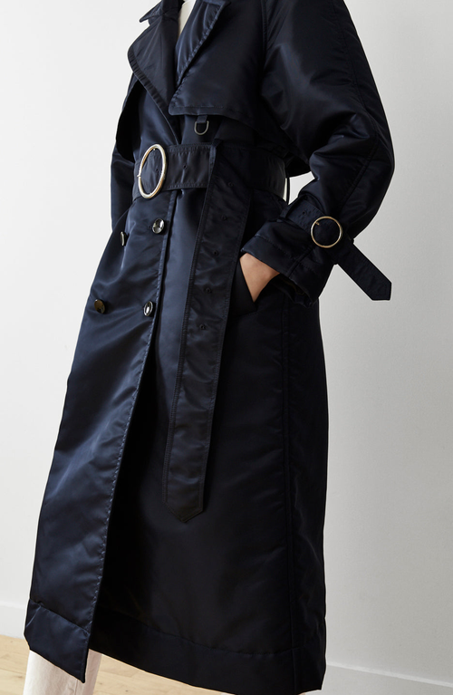 Caalo Sustainable Down Filled Satin Trench In Navy