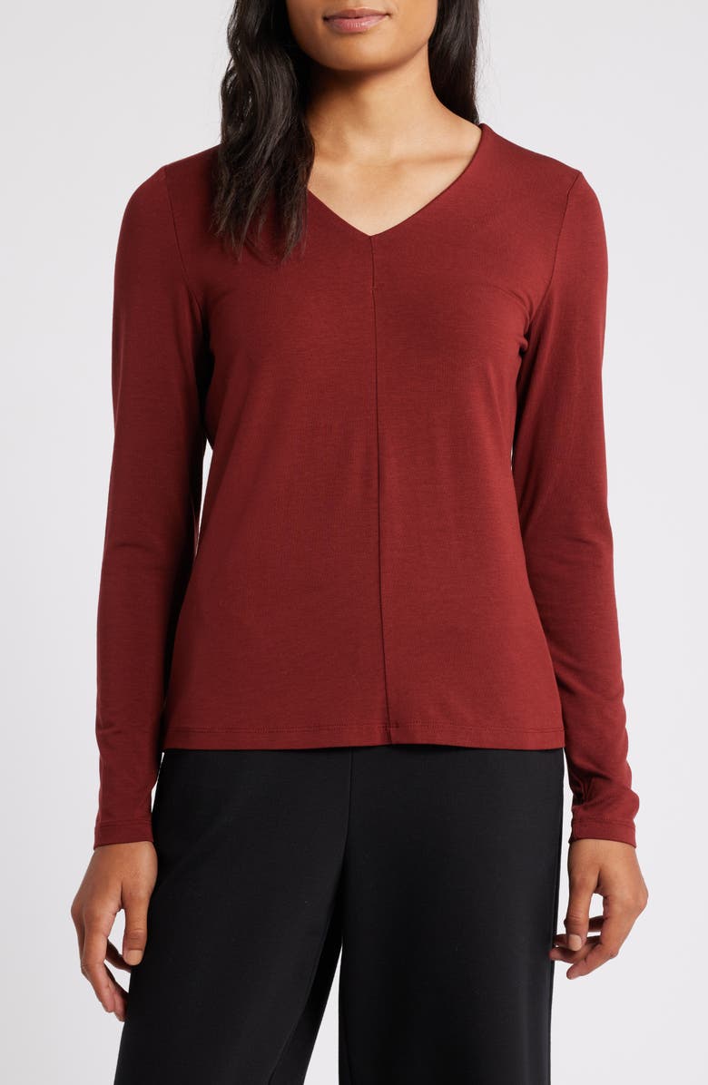 Eileen Fisher Long Sleeve V-Neck Top, Main, color, Redwood
