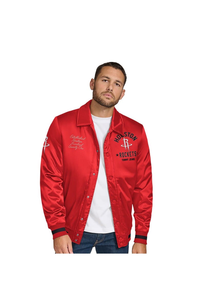 TOMMY JEANS Men's Tommy Jeans Red Houston Rockets Jacob Chain Stitch Applique Full-Snap Varsity Jacket, Main, color, Red