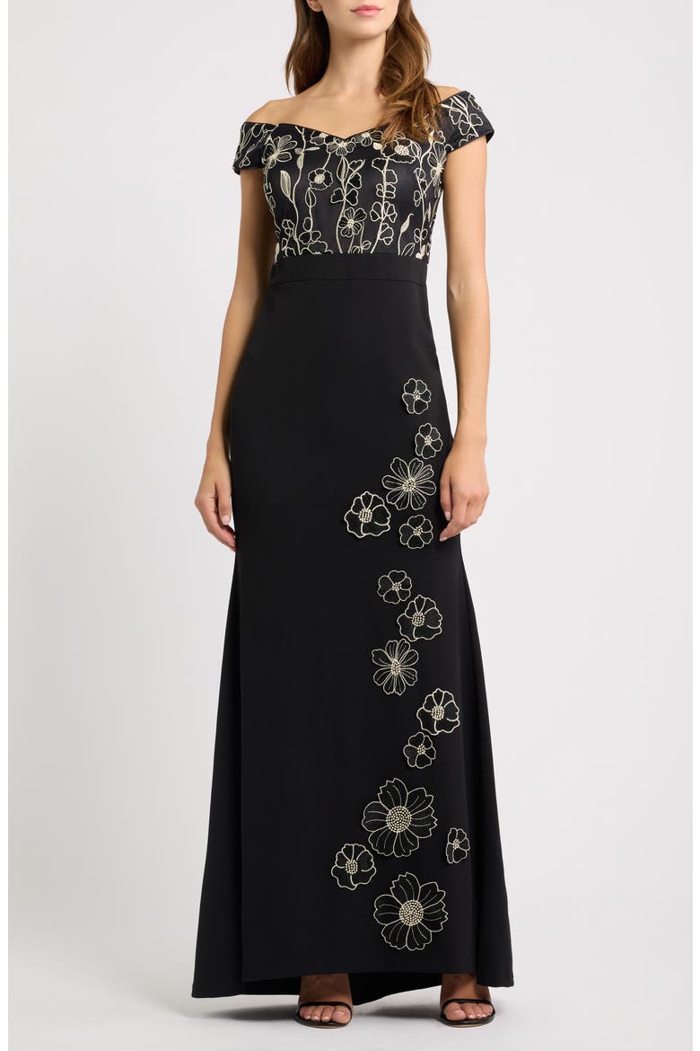 Floral Embroidered Off the Shoulder Trumpet Gown, Main, color, BLACK