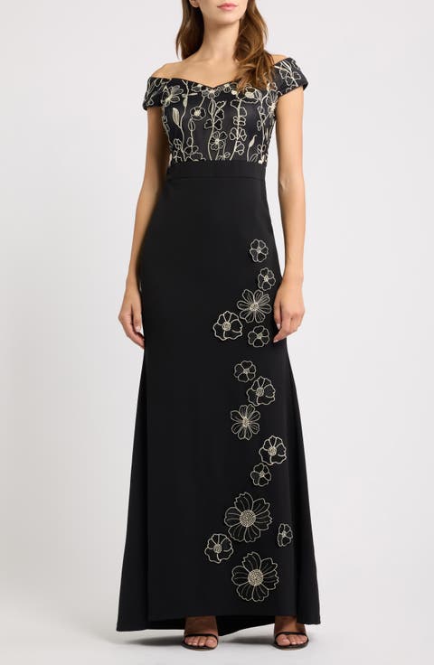 Floral Embroidered Off the Shoulder Trumpet Gown