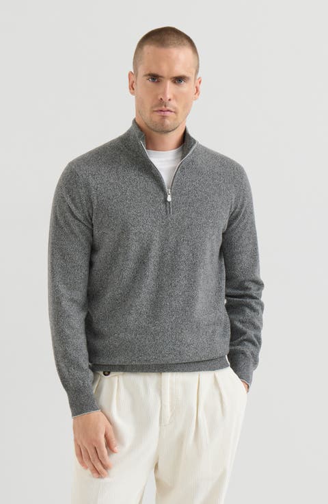 Mouliné cashmere sweater with half zip
