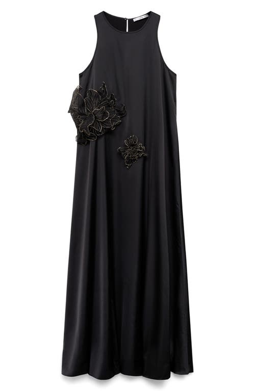 Shop Mango Floral Appliqué Satin Maxi Dress In Black