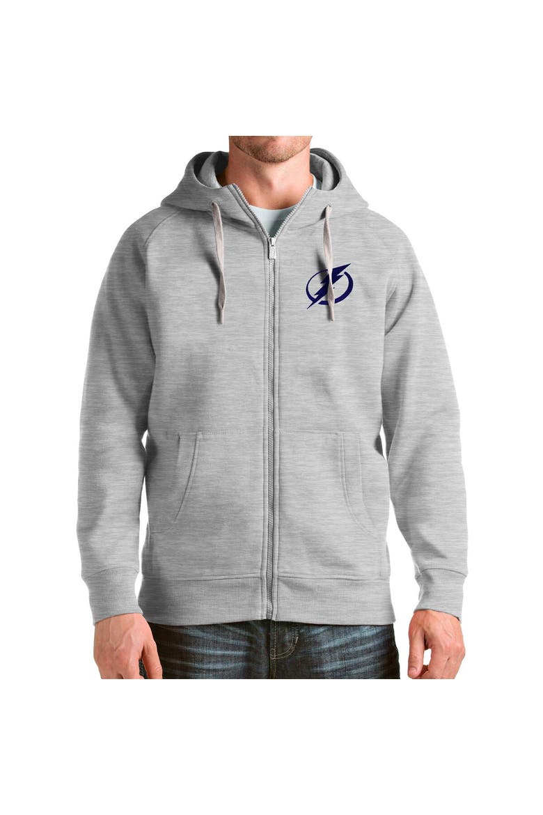 Men's Antigua Heathered Gray Tampa Bay Lightning Logo Victory Full-Zip Hoodie, Main, color, Heather Gray