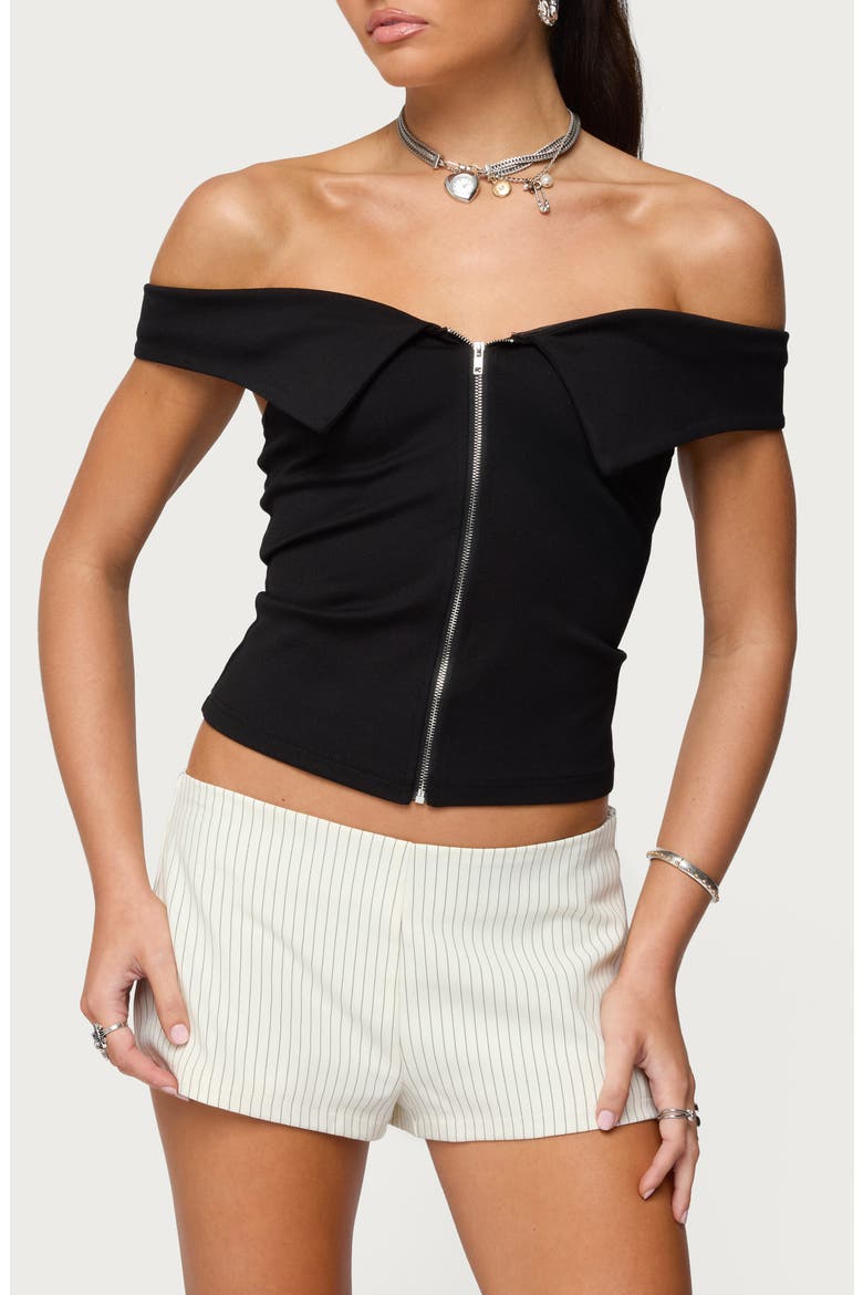 Foldover Off the Shoulder Zip-Up Top, Main, color, BLACK