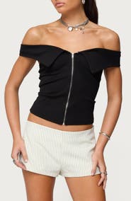 EDIKTED Foldover Off the Shoulder Zip-Up Top