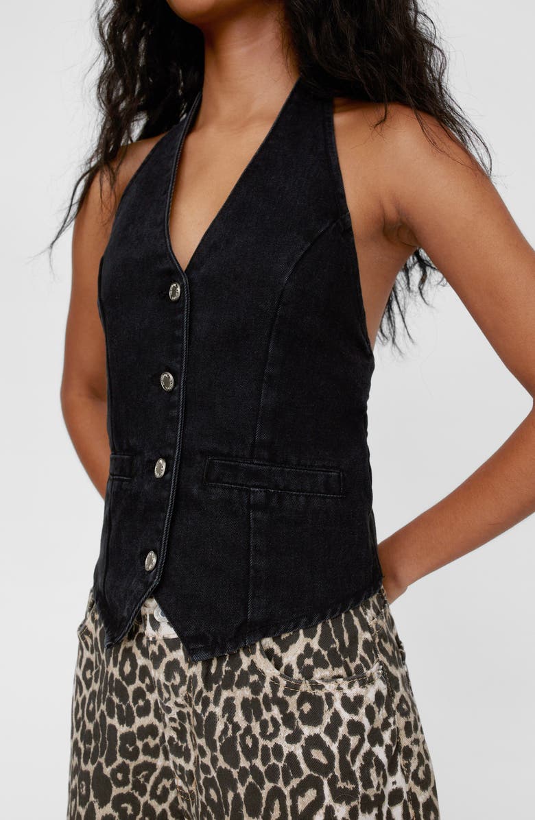 NASTY GAL Open Back Denim Halter Vest, Alternate, color,