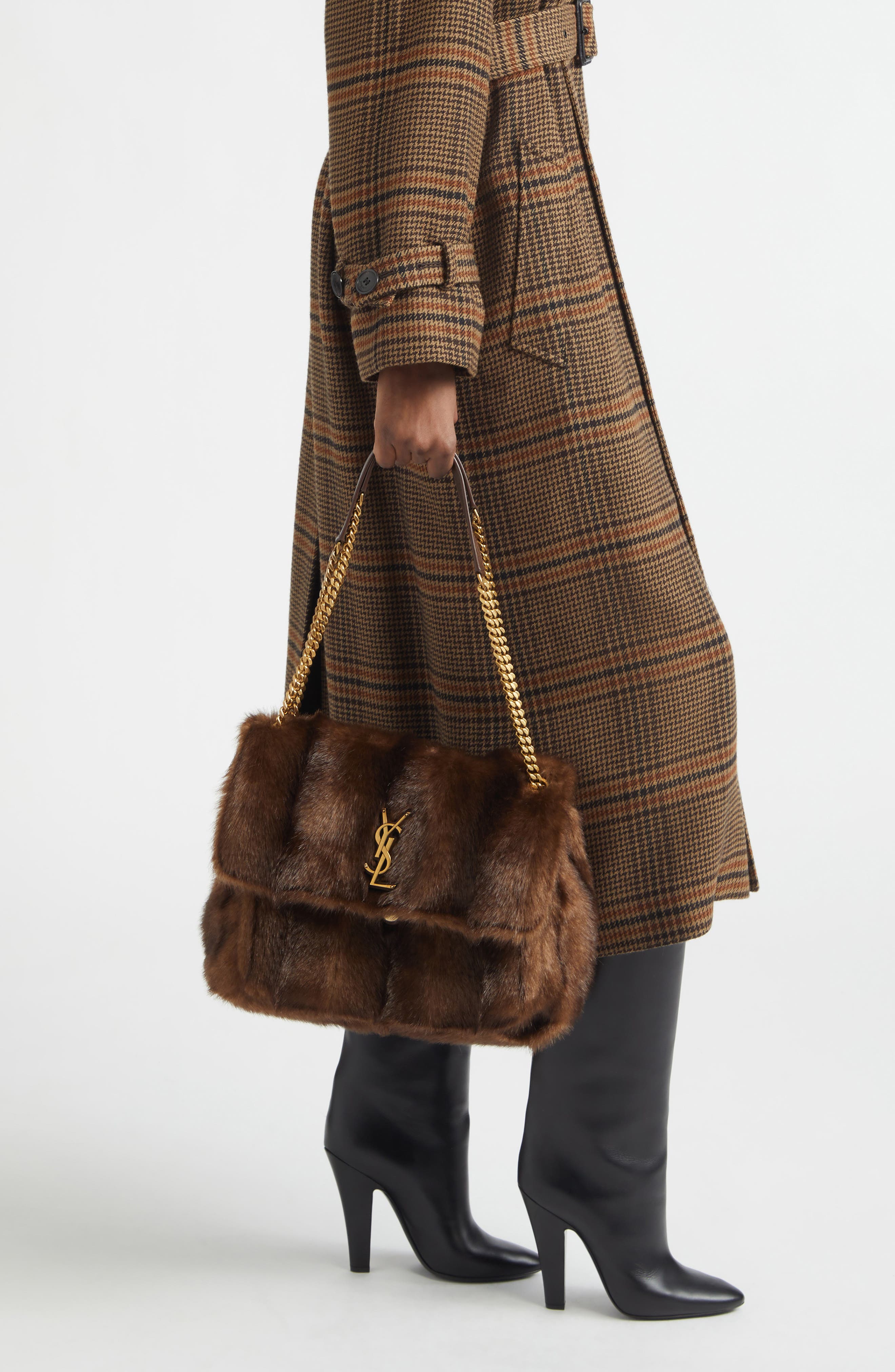 Saint Laurent Large Niki Faux Mink Shoulder Bag, Alternate, color, Espresso/ Gingerbread