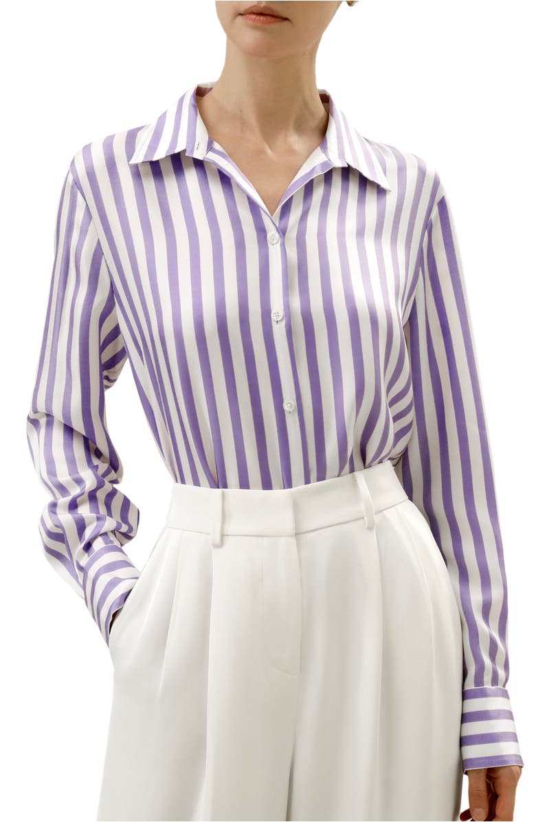 Lilysilk Classic Striped Silk Shirt, Main, color, Lilac-White Pinstripes