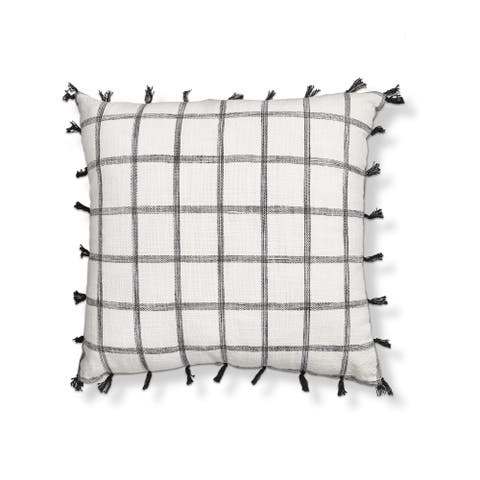 Black Tassel Check Cotton Accent Throw Pillow Square