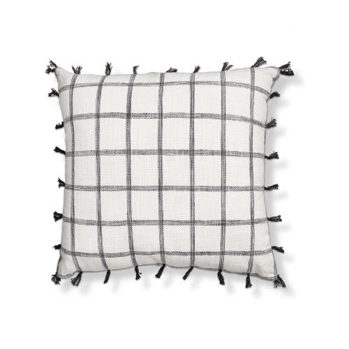 Tag Black Tassel Check Cotton Accent Throw Pillow Square In White