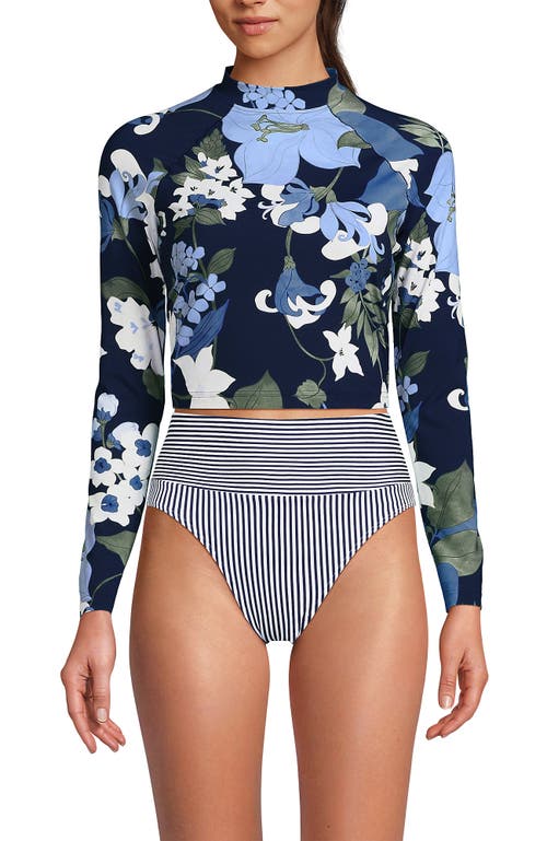 Lands' End Long Sleeve Mock Neck Cropped Upf 50 Sun Protection Rash Guard In Deep Sea Navy Lilies