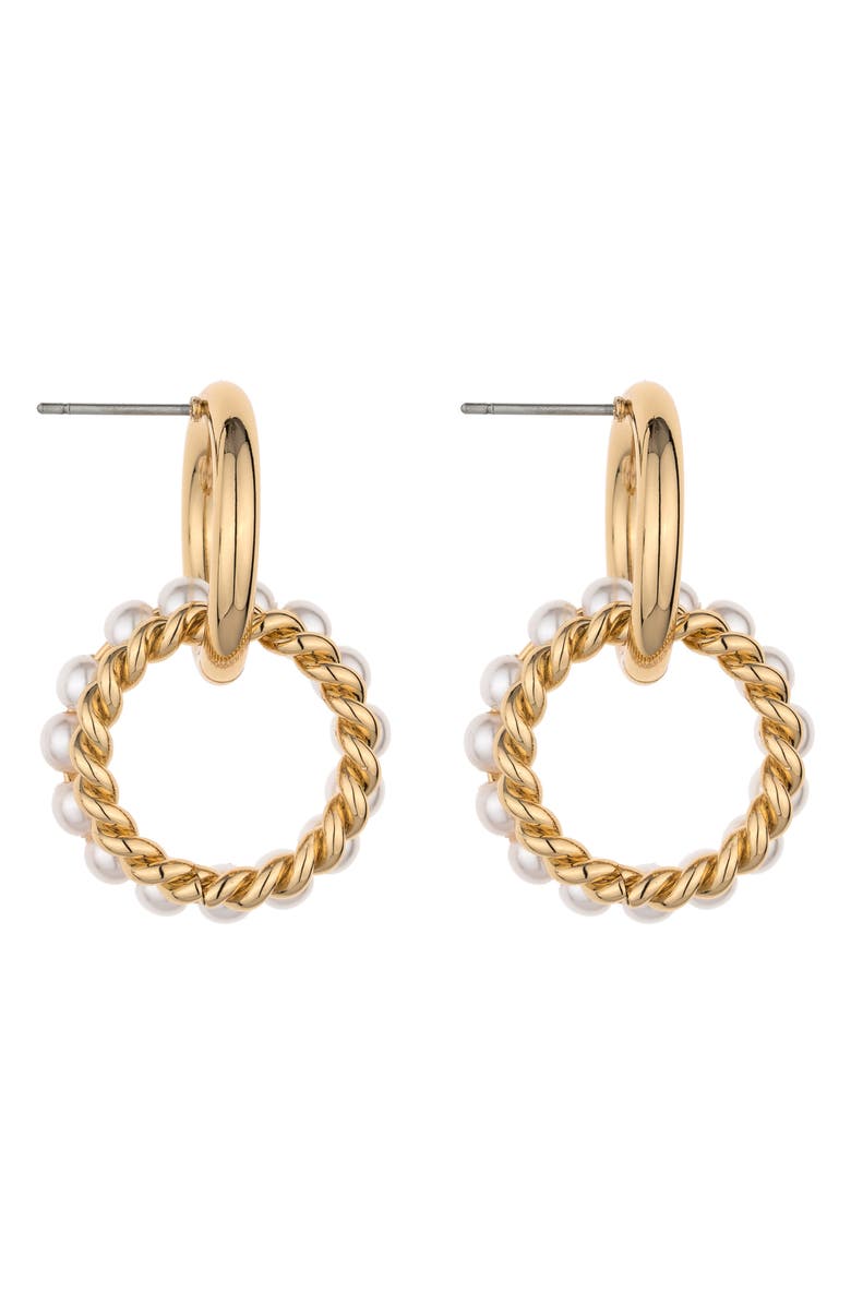Ettika Imitation Pearl Twisted Hoop Drop Earrings, Alternate, color, Gold
