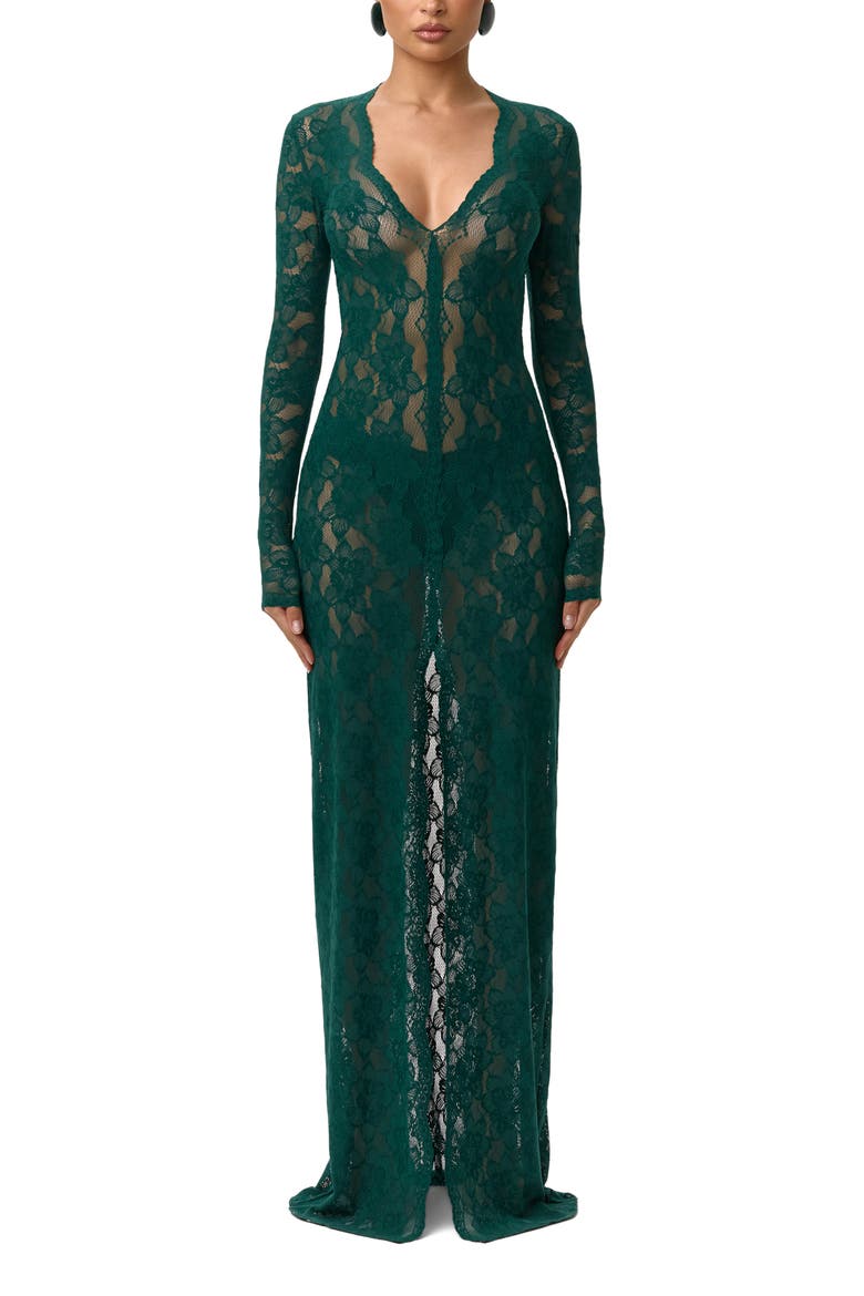 Long Sleeve Button-Up Lace Maxi Dress, Main, color, PINE GREEN