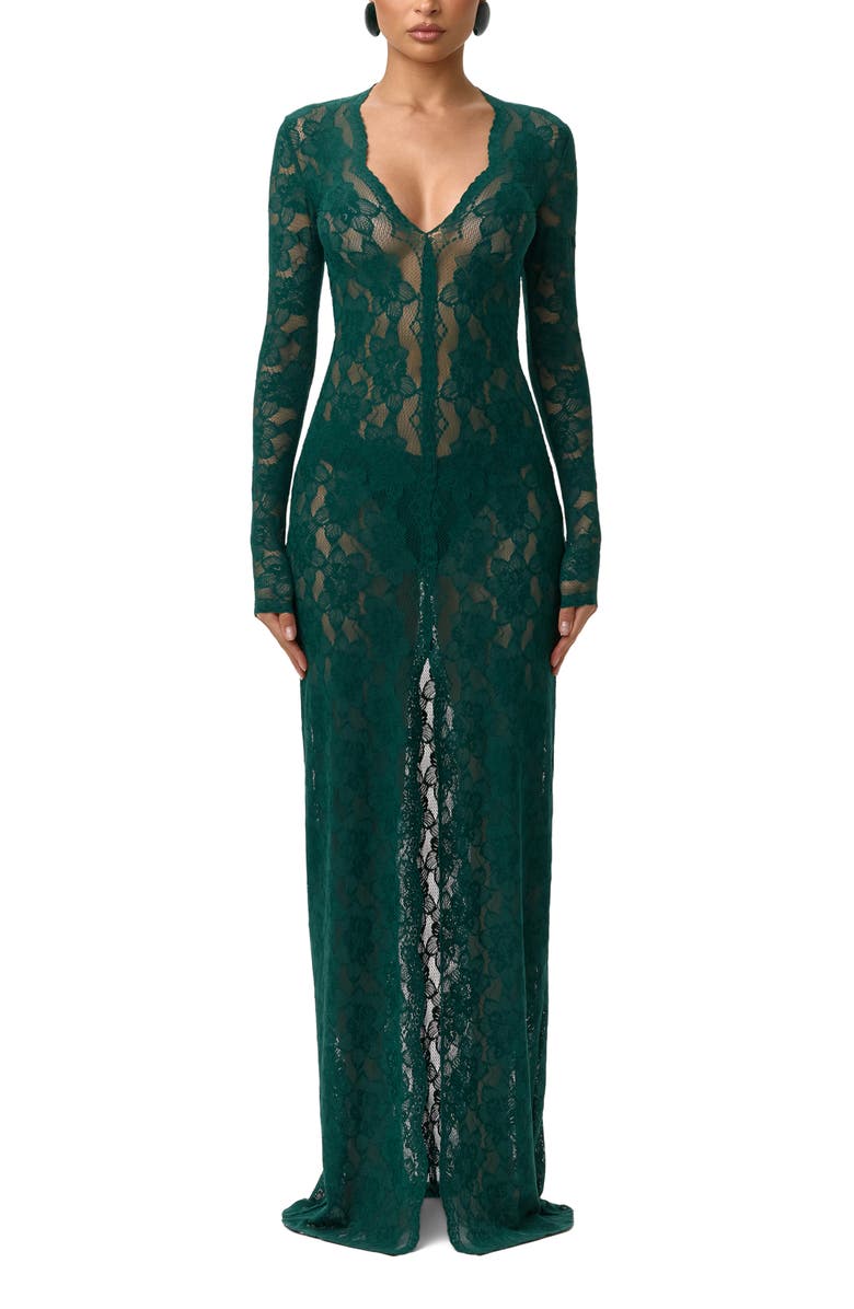 Naked Wardrobe Long Sleeve Button-Up Lace Maxi Dress, Main, color, Pine Green