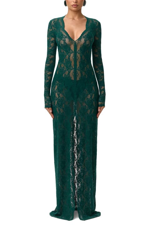 Long Sleeve Button-Up Lace Maxi Dress