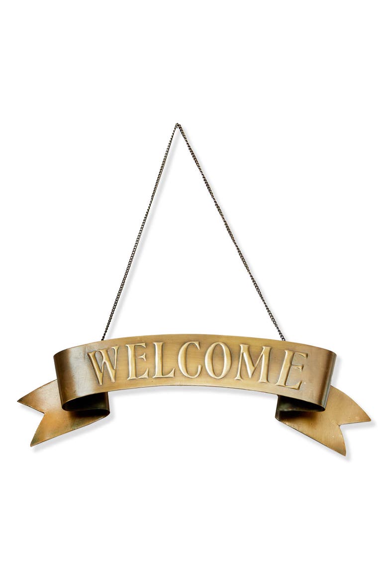 Welcome Hanging Door Sign - Antique Brass Gold Wall Art, Main, color, Gold