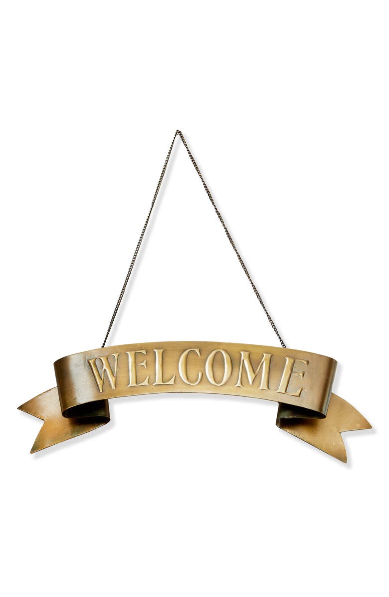 tag Welcome Hanging Door Sign - Antique Brass Gold Wall Art, Main, color, Gold