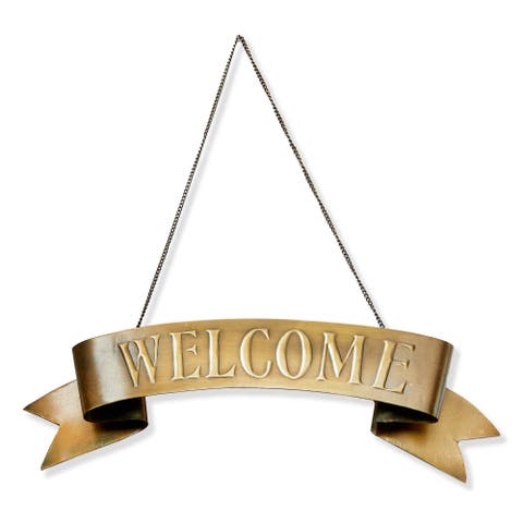 Welcome Hanging Door Sign - Antique Brass Gold Wall Art