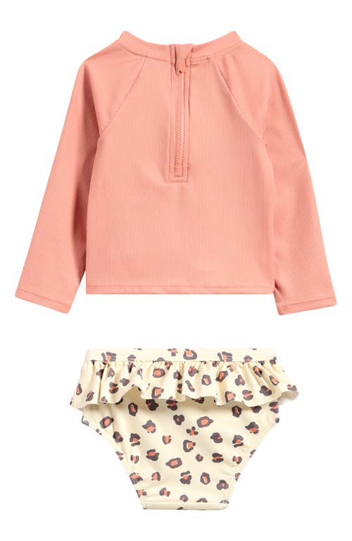Petit Lem Rib Long Sleeve Two-piece Rashguard Swimsuit In Coral
