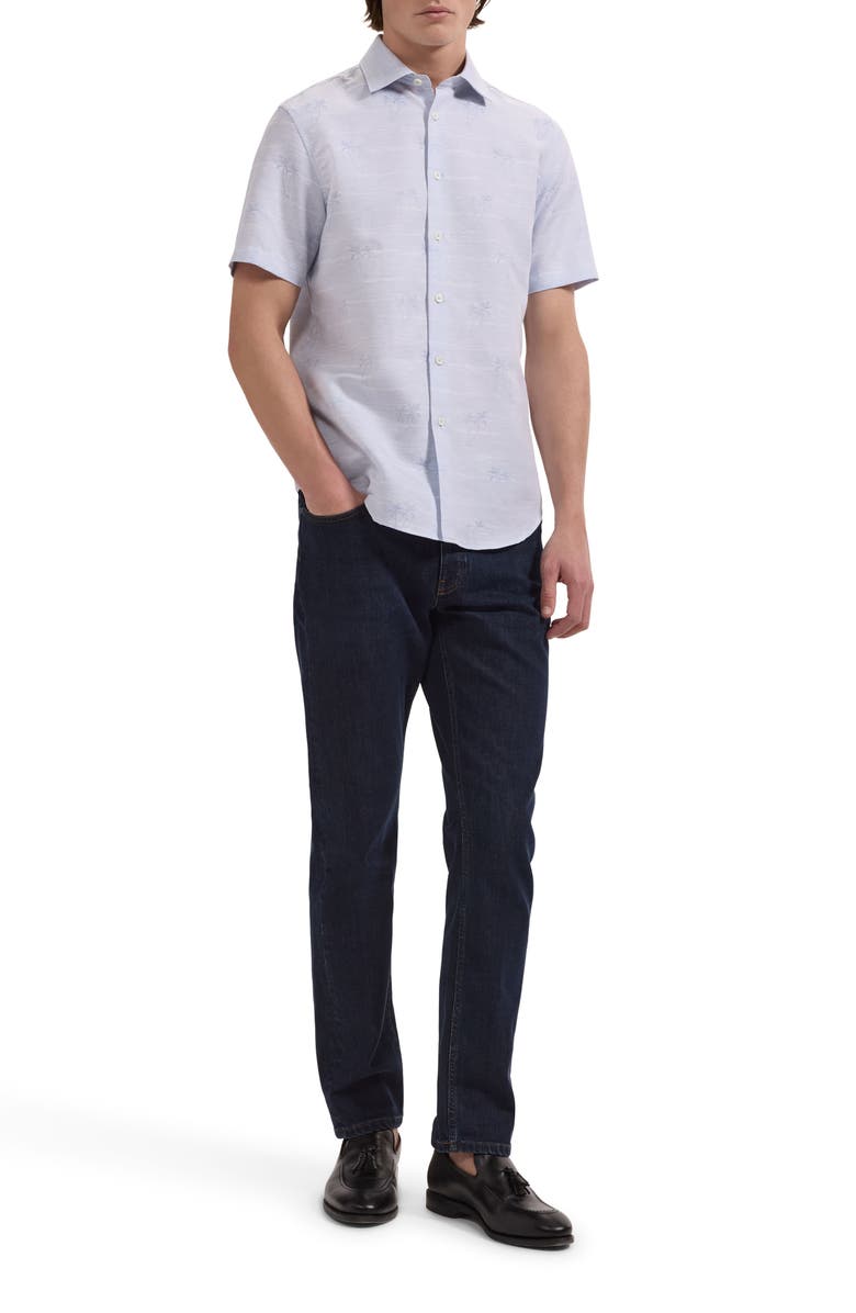 Bugatchi Orson Short Sleeve Cotton & Linen Button-Up Shirt, Alternate, color, Air Blue