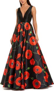 Mac Duggal Plunge Neck Ballgown With Floral Mikado Skirt