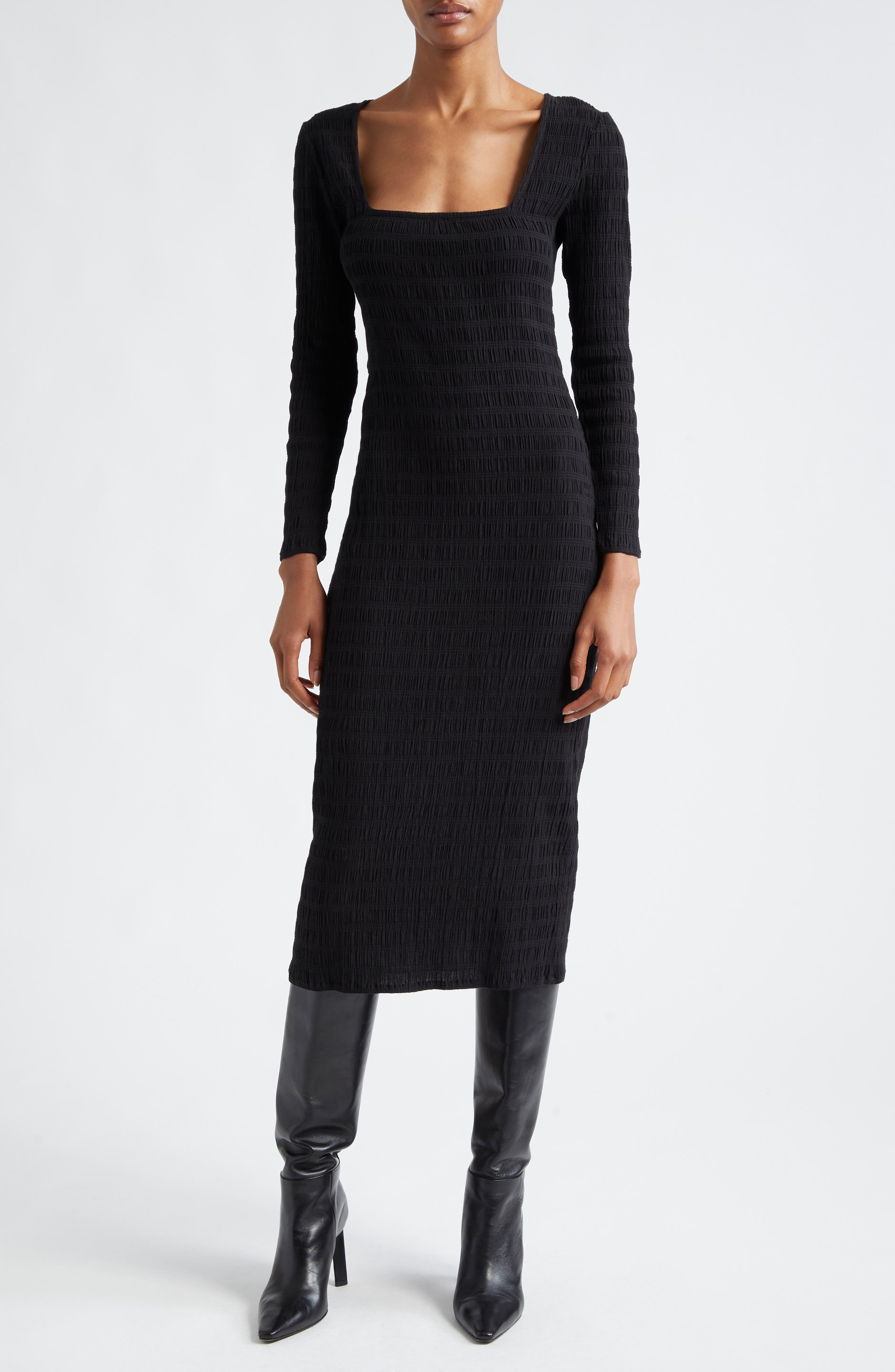 MILLE Priyal Smock Detail Long Sleeve Cotton Midi Dress in Black 