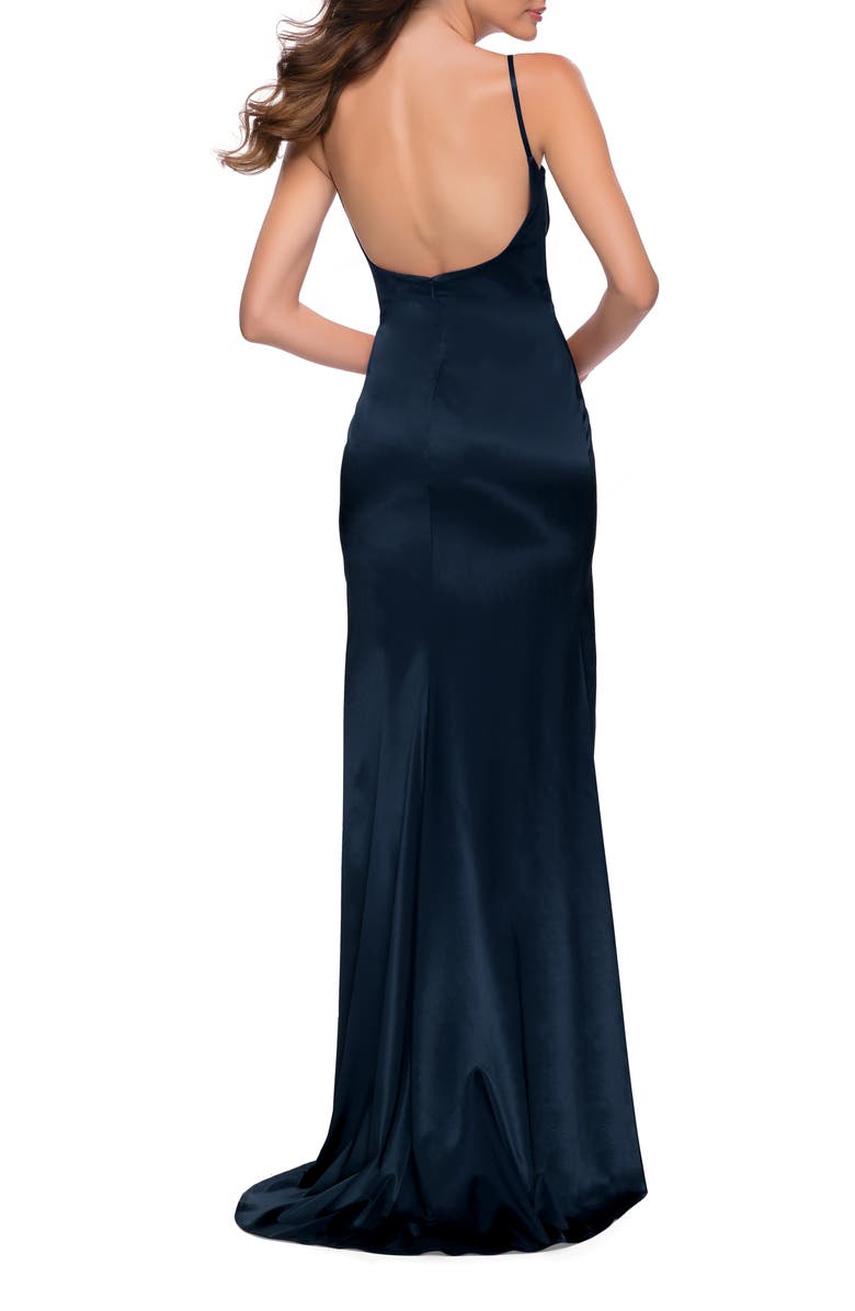 La Femme Fitted Stretch Satin Dress with Scoop Back, Alternate, color, Navy