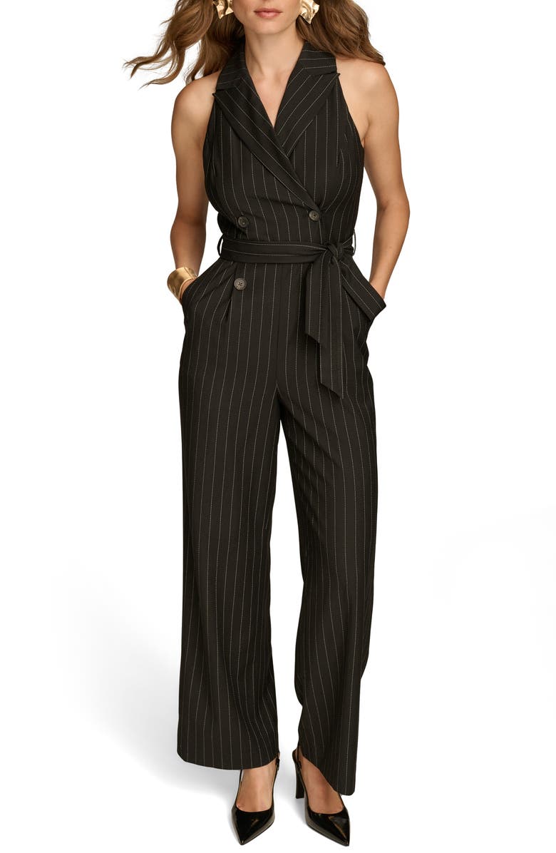 Donna Karan New York Stripe Belted Sleeveless Jumpsuit, Main, color, Black/ Cream