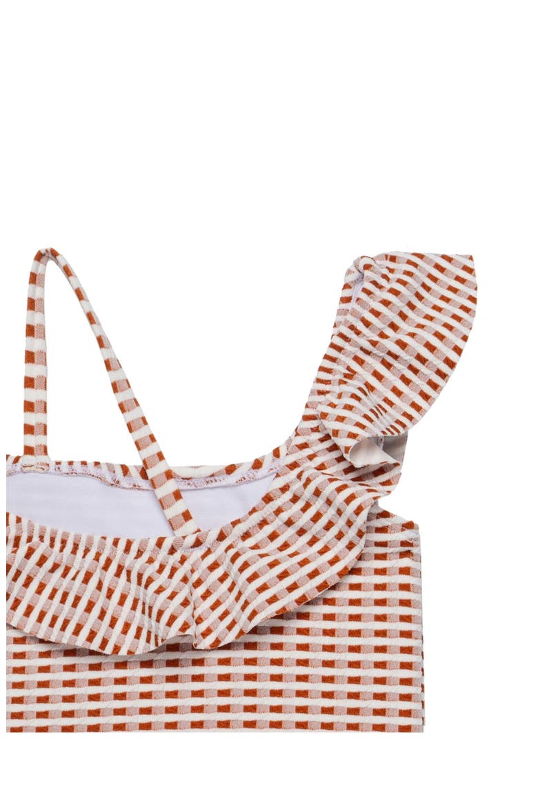 Forever Gingham Textured Ruffle Asymmetrical One Piece, Alternate, color, Brown