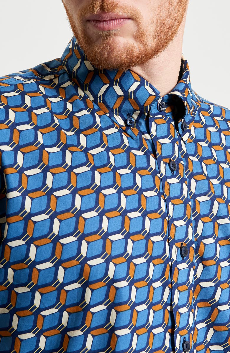 Ben Sherman Retro Geo Print Short Sleeve Organic Cotton Button-Down Shirt, Alternate, color, 