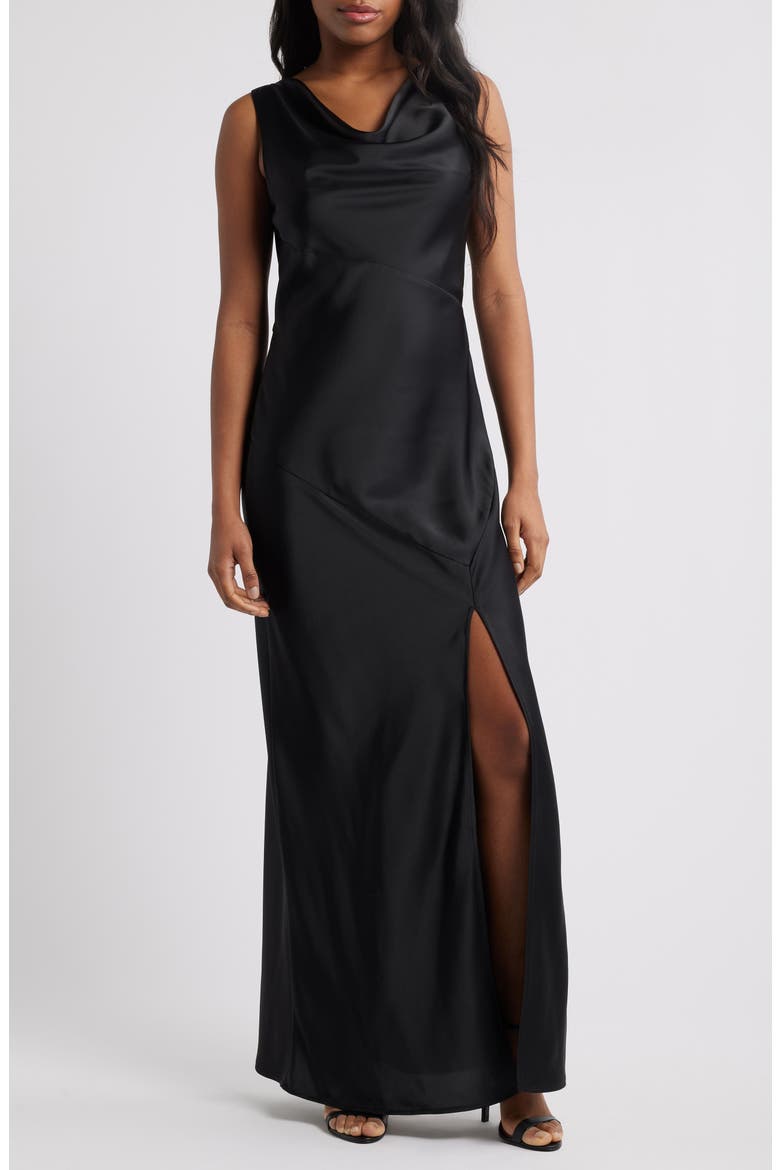 Lea Cowl Neck Satin Gown, Main, color, BLACK