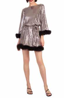 Trina Turk Uhura Feather Trim Sequin Dress